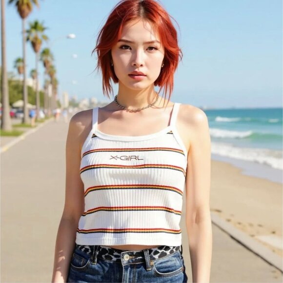 X‑Girl Pure Logo Striped Crop Cami Tank – Ribbed Cotton Red & White NWT S - Picture 4 of 4